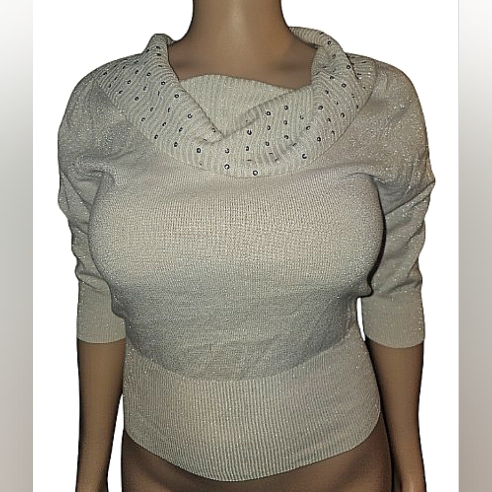 NWT White Glittery Rhinestone Cowl Neck Sweater XL Vintage